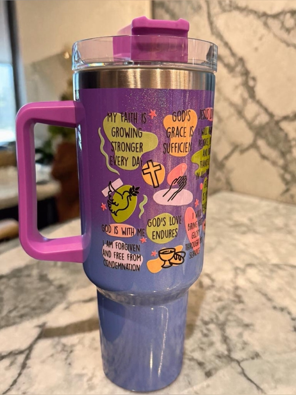 BIBLE QUOTES Hand Crafted Purple Tumbler with Handle NEW IN BOX WITH STRAW